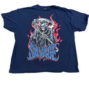 Savage Grim Reaper Graphic Tee 3XL Navy Blue Flames Style DABA Streetwear Goth